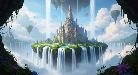 Floating fantasy castle on island with waterfalls surrounded by clouds and hot air balloons. Magical landscape for fairy tale book, game design or animated movie concept