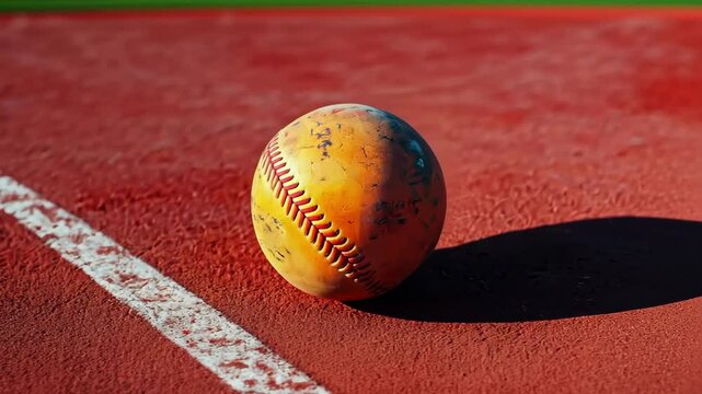 Close-up of a yellow softball on a red painted field with white line.