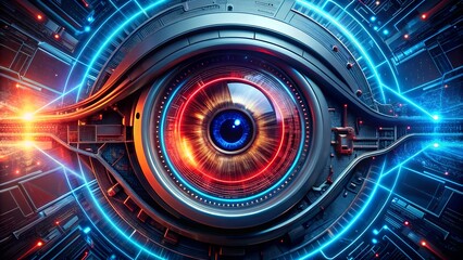 A futuristic cybernetic eye with glowing blue and red neon circuits