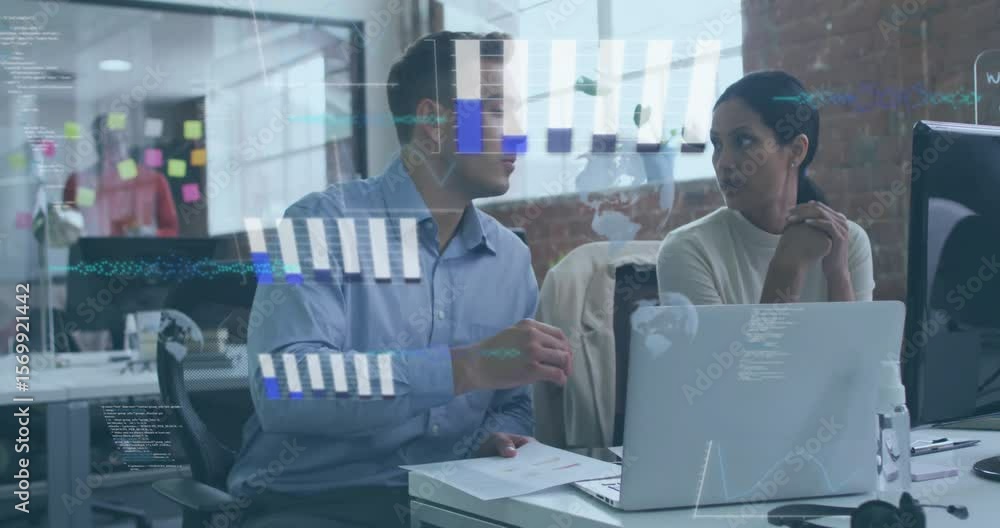 Poster coworkers flipping report triggers animated graphs and charts overlay laptop during data analysis