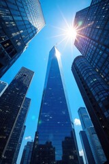 Majestic Skyscrapers Piercing Vibrant Blue Sky A Stunning Modern Cityscape at Sunrise