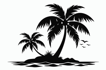 Obraz premium Black Silhouette of Palm Trees on Tropical Island with Flying Birds Above Waves