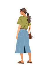 Vector illustration of a stylish young woman with long hair, wearing a green Tshirt and denim skirt, walking in sandals with a shoulder bag. Rear view, isolated on transparent background.