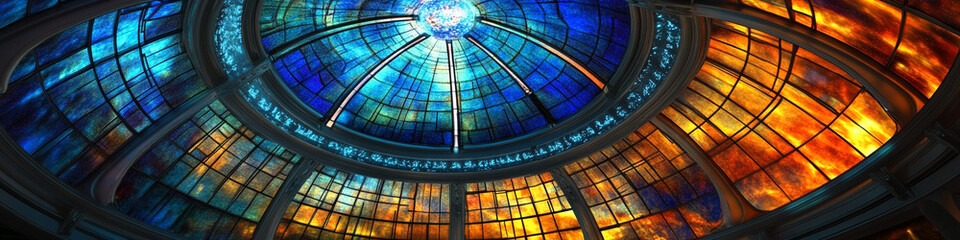 A futuristic stained glass dome with nano-optic filters, creating a celestial light show indoors.