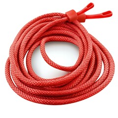 A coiled red jump rope with plastic handles is isolated on a white background, ready for active play