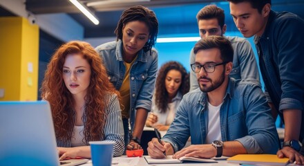 Diverse group of young people collaborating on project in modern office. Multicultural team working together. Startup, teamwork, and innovation concept