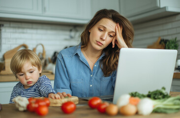 photo of tired woman with brown hair in blue shirt sitting at the kitchen table