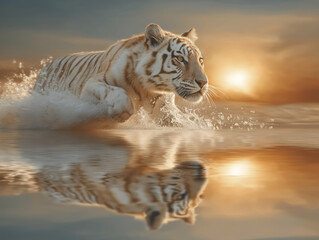 Naklejka premium White Tiger's Sunset Stride: A majestic white tiger strides powerfully through the water, the golden sunset reflecting off the surface, creating a stunning scene of raw beauty and grace.