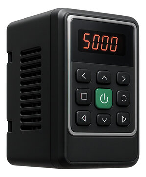 Variable frequency drive with a compact plastic housing and digital display for controlling motor speed in a manufacturing plant