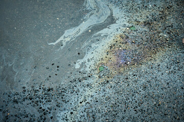 Gasoline or oil spill polluting water with rainbow colors on wet asphalt