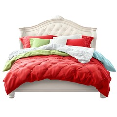 A white bed with a tufted headboard is dressed in red, green, and white bedding