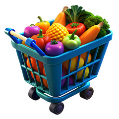 shopping cart full of groceries, A full shopping cart overflowing with a vibrant assortment of fresh healthy vegetables and fruits isolated on white background