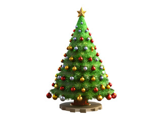 Decorated Green Christmas Tree with Gold Star and Colorful Ornaments on Transparent Background, 3d Clipart With Isolated Background