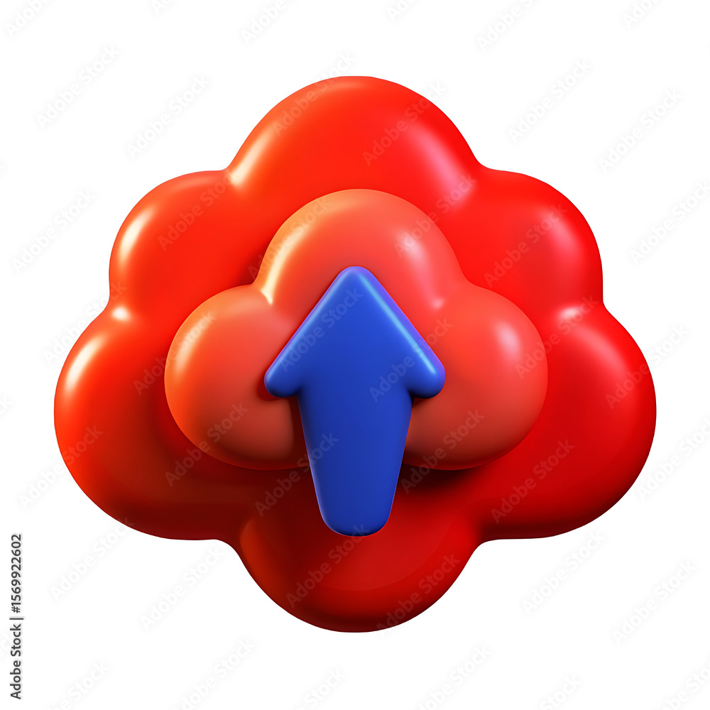 Poster cloud computing icon, stylized red cloud icon with a blue upward arrow indicating data upload or tra