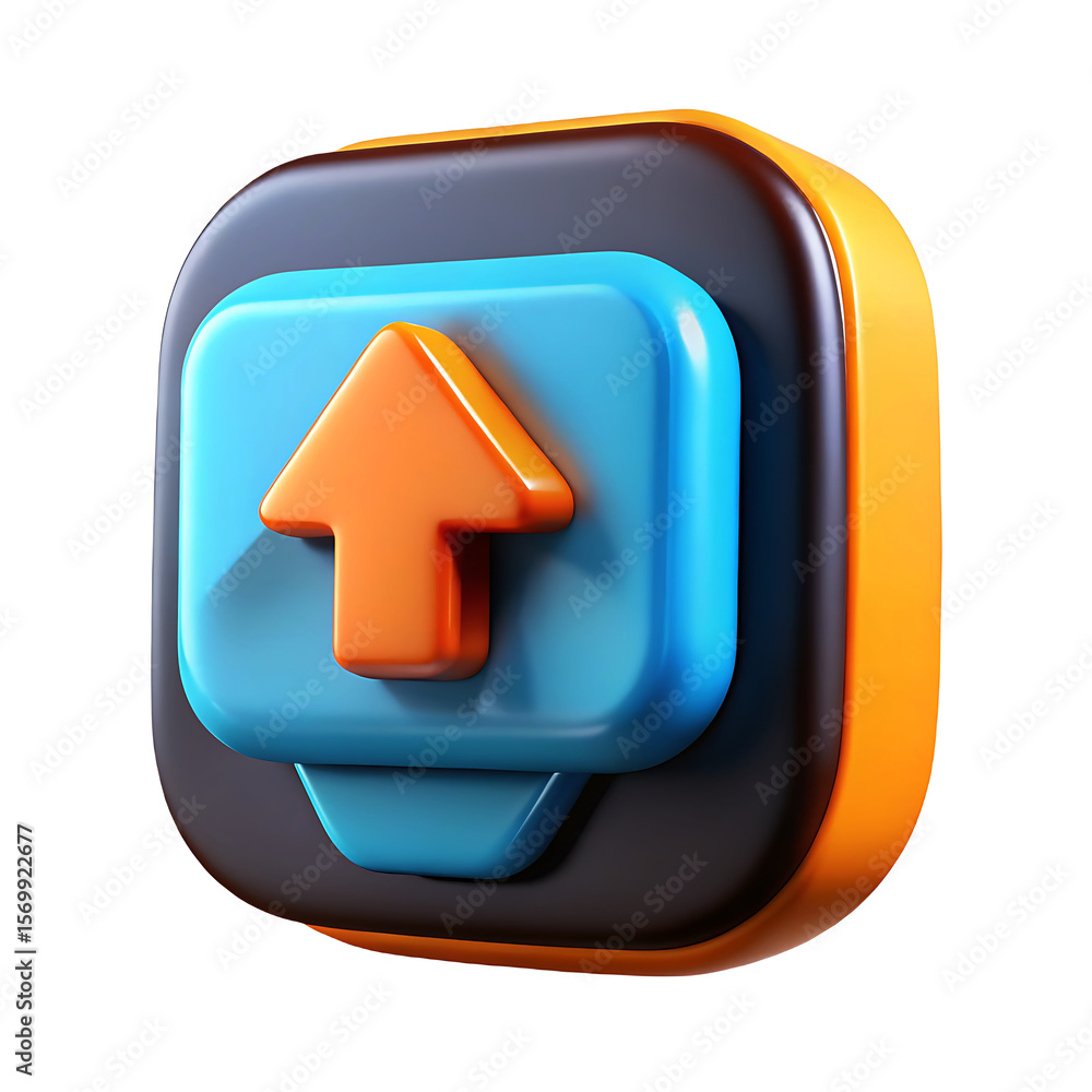 Fototapete 3d rendered icon with an orange arrow pointing upwards on a blue square with dark gray and orange bo