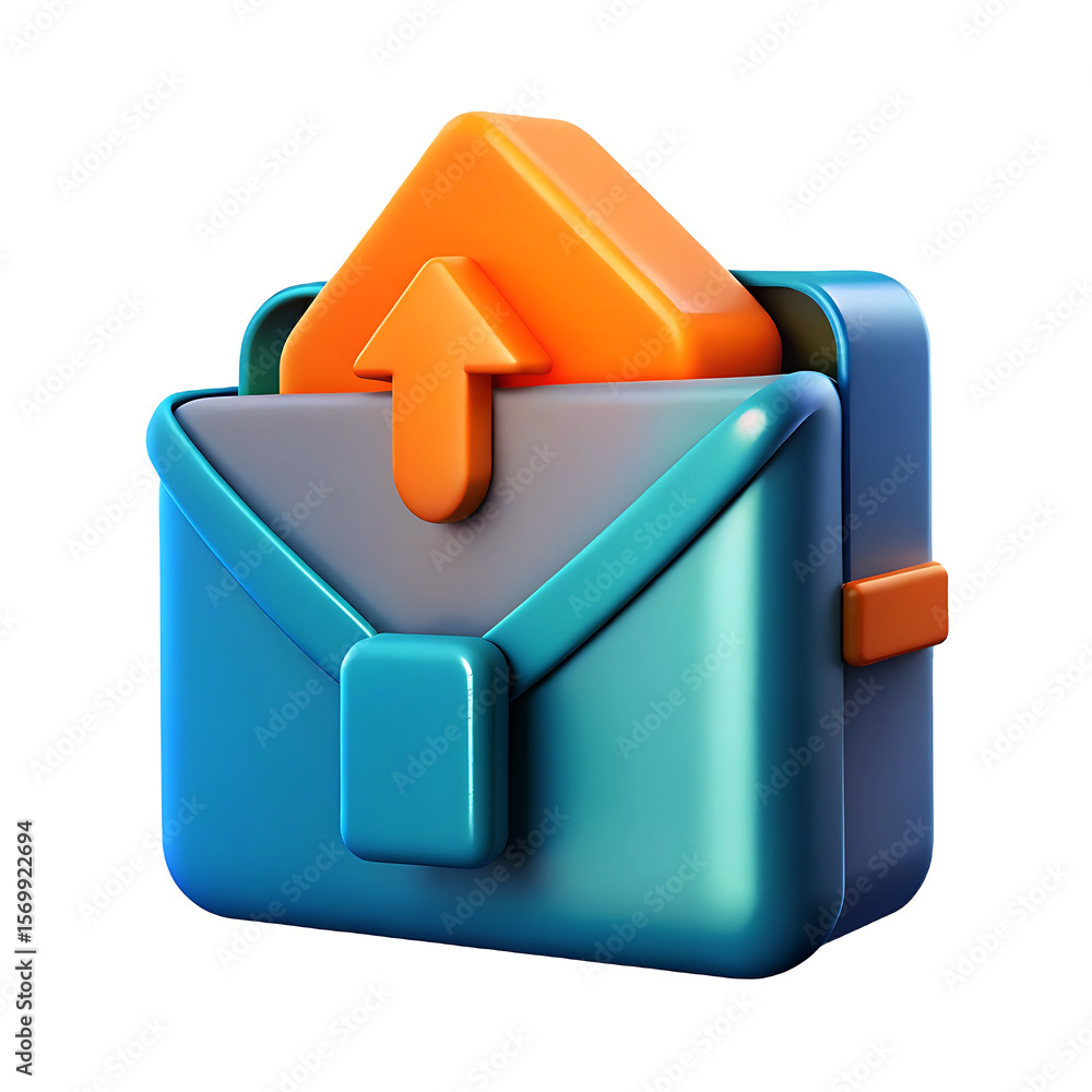 Poster stylized 3d icon of a blue envelope with an orange arrow pointing upwards symbolizing sending or upl