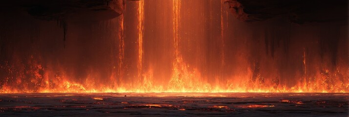 Fiery waterfall cascades over a molten plain.