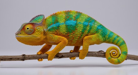 Vibrant chameleon subtly perched on branch soft light illuminating its scales. AI Generated