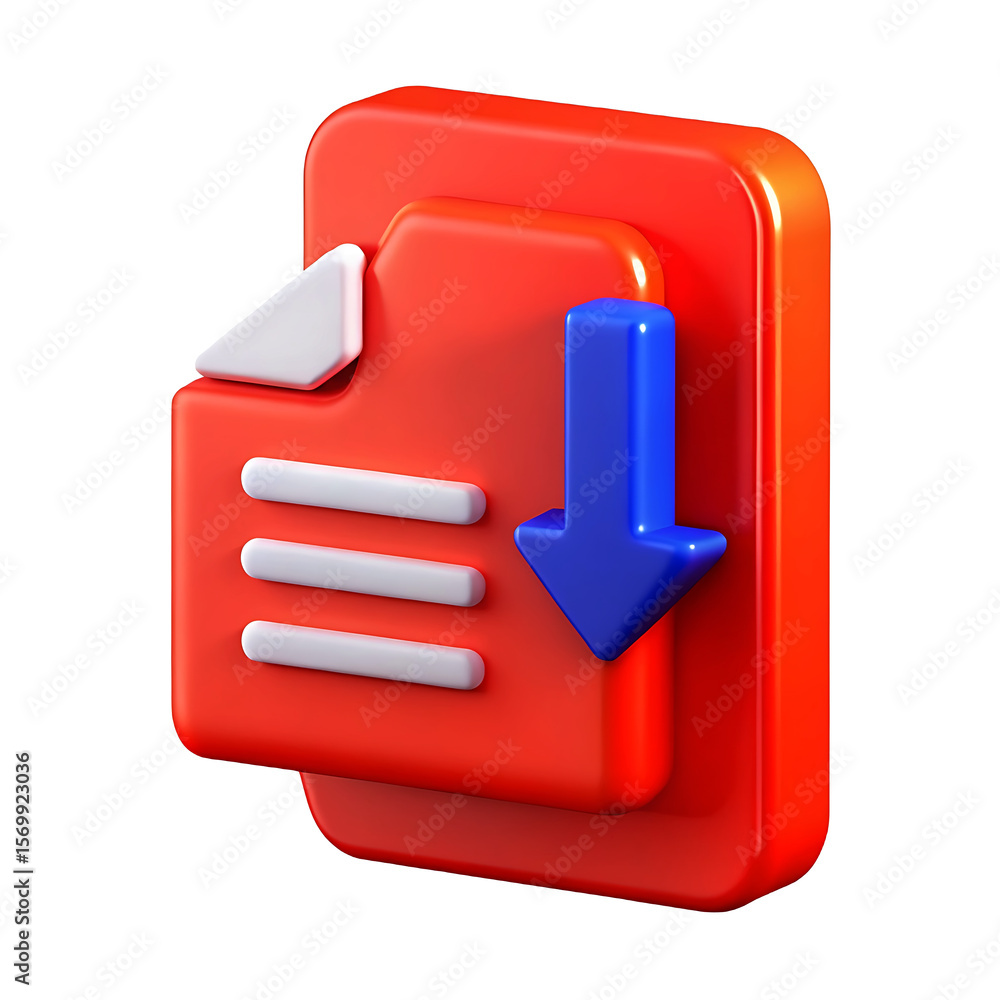 Poster 3d render of a red document icon with white lines and a blue downward arrow isolated on white backgr