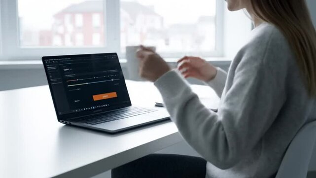 Young Woman Signing Up for Newsletter on Laptop at Home Office Desk