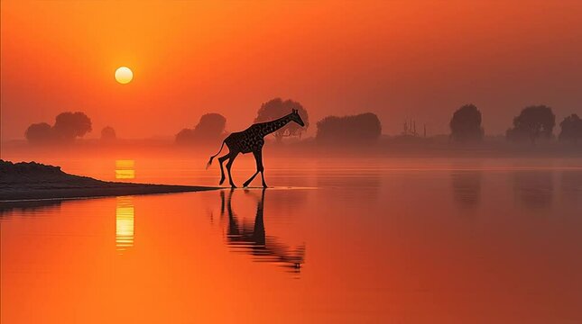 A baby giraffe cautiously stepping into the edge of the sea, long legs creating delicate reflections