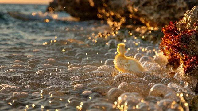 A duckling standing on a smooth, sunlit rock in shallow sea water, soft ripples reflecting light around it
