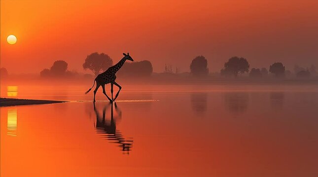A baby giraffe cautiously stepping into the edge of the sea, long legs creating delicate reflections