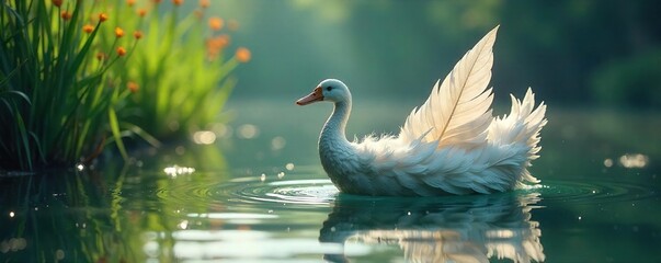 Whimsical Feather Boat Serenely Floating on Calm Blue Lake, Sunlight Glistening on Water, Lush Green Reeds, Magical Atmosphere