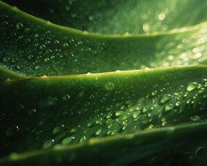 Close-up view of aloe vera leaf covered in water droplets.