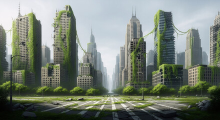 Green city of the future with skyscrapers covered in plants. Sustainable urban development concept. Eco-friendly architecture and vertical gardens in metropolis