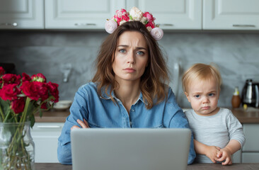 photo of tired woman with brown hair in blue shirt sitting at the kitchen table