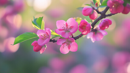 Obraz premium Cherry blossom in full bloom. Cherry flowers in branch. Focus on center flower cluster.