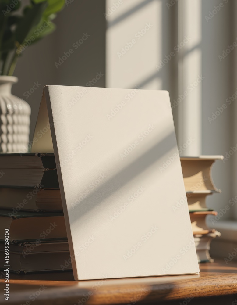 Aufkleber plain paper folder resting on a desk with books in the background