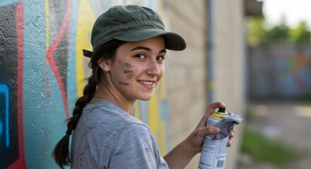 Girl, teenager, graffitiing a wall with spray paint on her hands