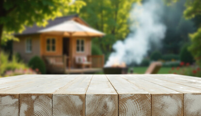 Empty table with barbecue grill in garden – outdoor cooking and camping concept with copy space. Grilling, backyard parties, summer food campaigns or outdoor lifestyle promotions themes.