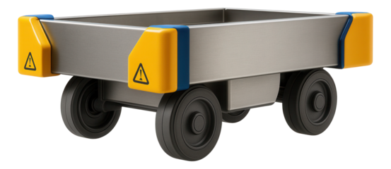 Rail cart with an angled front and rear bumpers for maneuvering through narrow aisles in a storage facility.