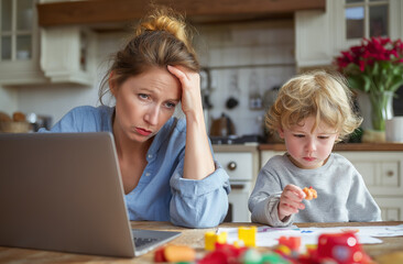 photo of tired woman with brown hair in blue shirt sitting at the kitchen table