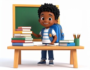 Schoolboy with books, 3D cartoon schoolboy with a backpack, Books on Table, standing at a chalkboard and Books on Table, 