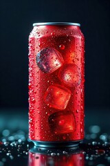 Refreshing Energy Drink Cold Can with Condensation, Ice Cubes, and Active Lifestyle Theme. Perfect for Advertising Campaigns Promoting Energy and Refreshment.