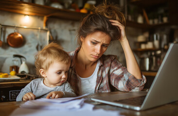 photo of tired woman with brown hair in blue shirt sitting at the kitchen table