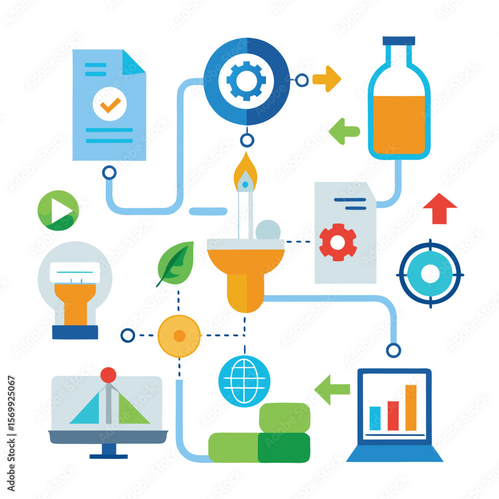 Poster conceptual illustration of a complex system featuring data flow process, analysis, and automation in