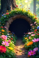 Enchanting Burrow Entrance Sunlight Dapples Wildflowers, hinting at a Secret Wonderland