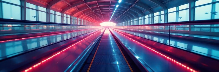 Obraz premium Automated moving walkway in modern airport terminal , smooth floor, corridor, gentle flow