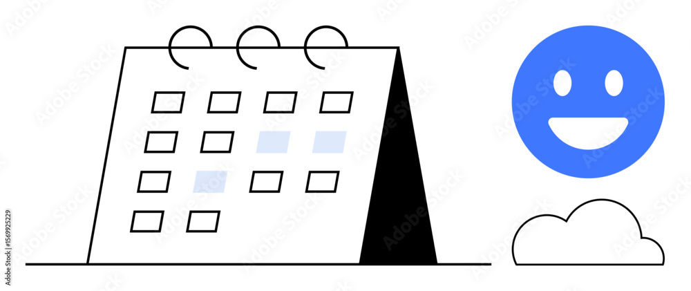 Poster flip calendar with marked dates alongside a happy face above a cloud. ideal for scheduling, planning