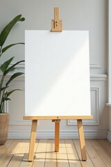Blank white canvas on wooden easel, pristine surface , wood grain, neutral, wood