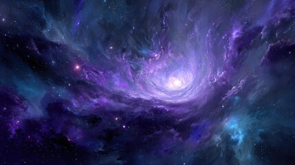 Vibrant purple and blue nebula swirls with distant stars and a bright central light