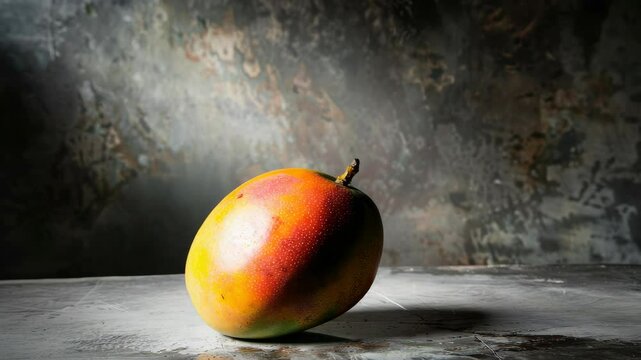 Single ripe mango against dark background