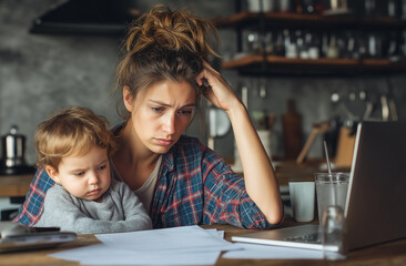 photo of tired woman with brown hair in blue shirt sitting at the kitchen table