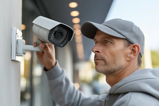 Man setting up security cameras for safety, adjusting camera on white wall. Concept of man setting up security cameras, ensuring safety in modern outdoor environment.