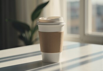 Blank paper cup with a sleeve suspended in the air, showcasing versatility